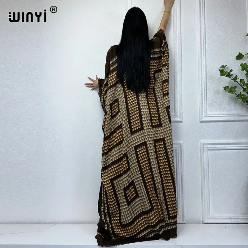 WINYI new winter clothes for women Geometric print Africa Luxury Long Fur Loose dress Thick Warm long down coat winter abaya