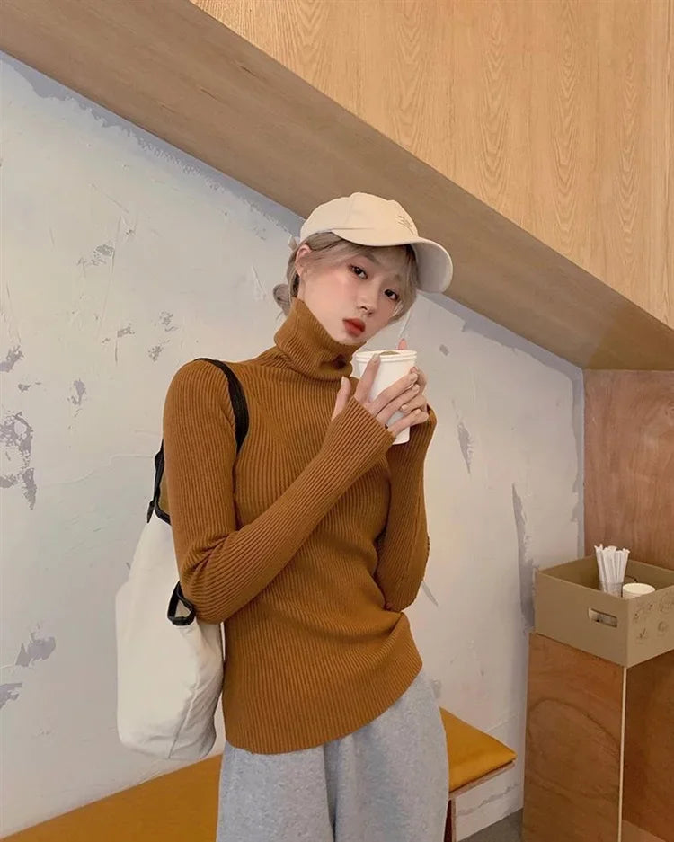 Women Turtlneck Sweater Elegant Solid Basic Knitted Tops Casual Pullover Korean Fashion Simple with Thumb Holes Chic Clothes