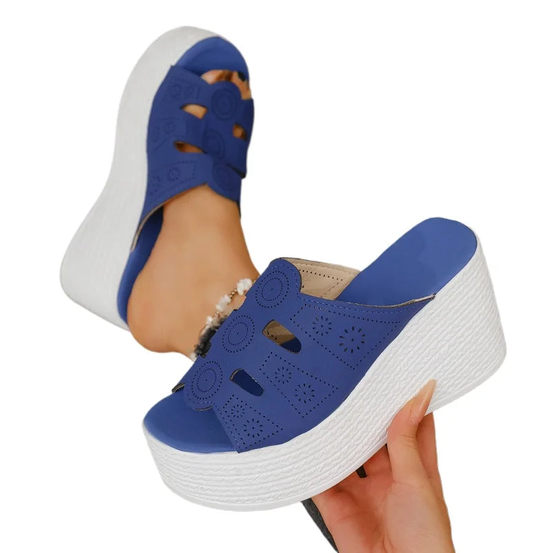 Women Fashion Hollow Out Wedge Heel Sandals Peep Toe Chunky Platform Sandals Summer Anti Slip Thick Bottom Beach Slippers