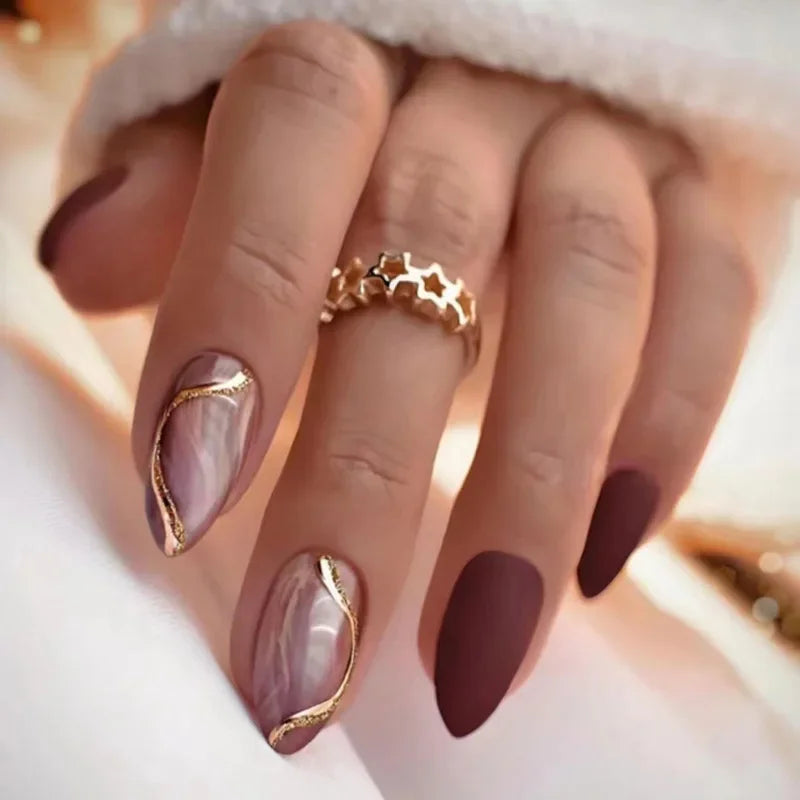 Autumn Matte Press-On Nails | 24pcs Rose Leaf Almond | Full Cover Acrylic Nail Tips with Glue