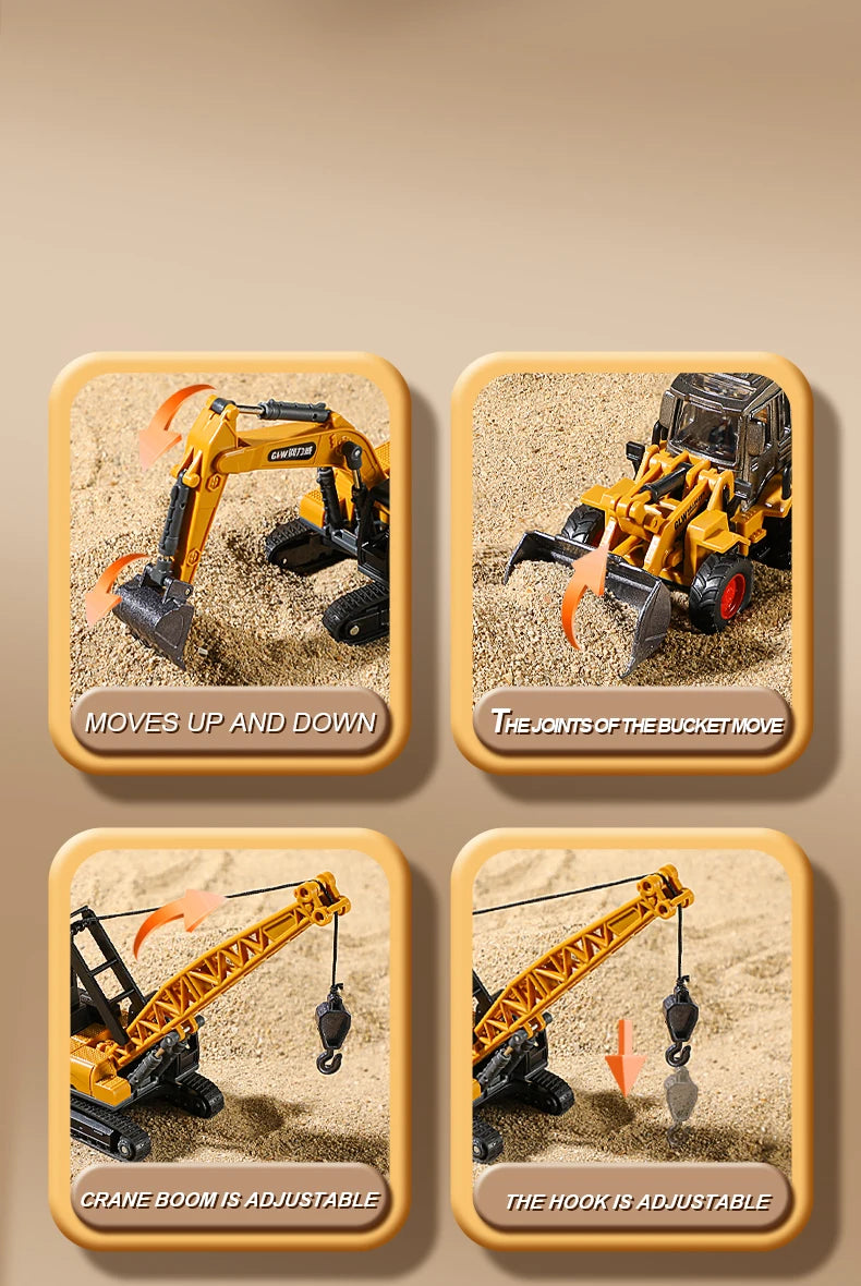 1:70 9 Styles Mini Yellow Alloy Forklift Driller Road Roller Engineering Diecast Construction Vehicle Inertia Toys for Boys Gift