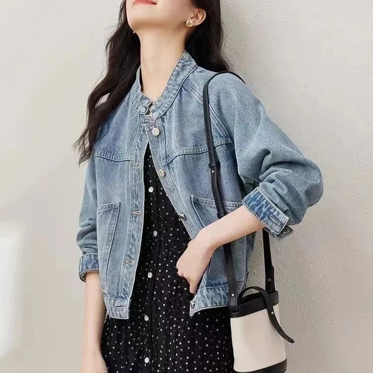 Women's Retro Washed Denim Jacket, Casual Motorcycle Jacket, Stand Collar, Basic Coat, Light Blue, Female Fashion, Autumn, Winte