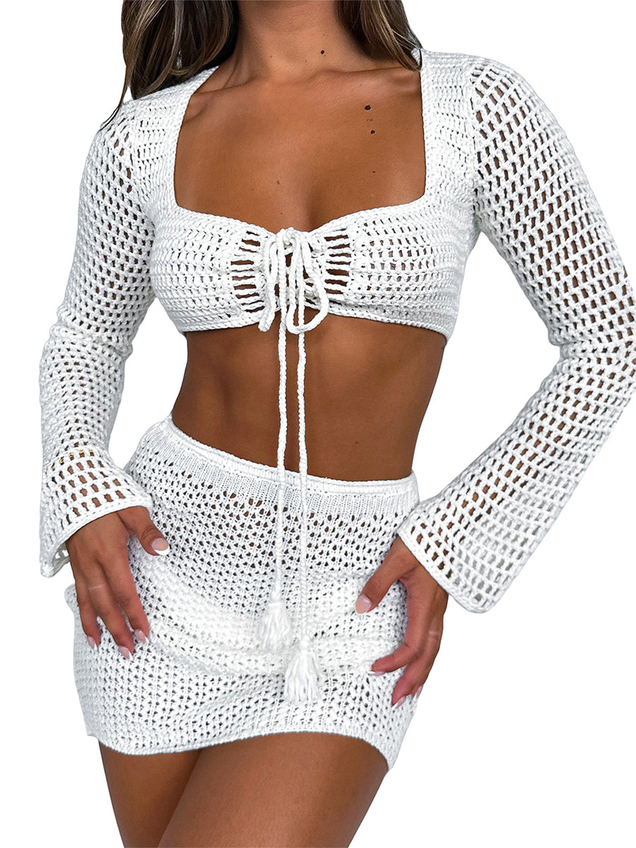 Women 2 Pieces Beachwear Outfits Square Neck Long Sleeve Tie-Up Front Knitted Cover-Ups and Sarongs Mini Skirts Set