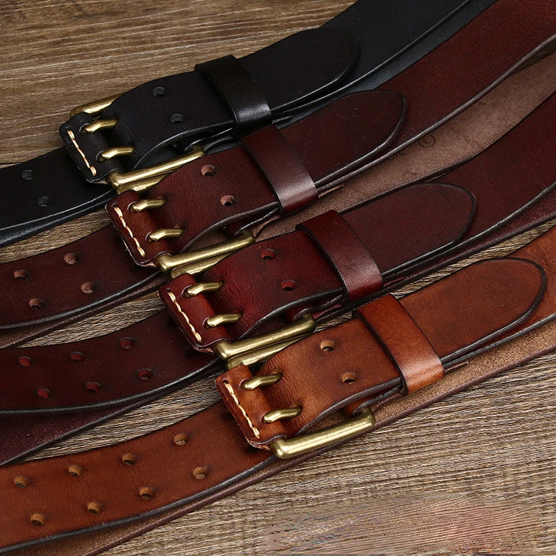 Men's Leather Belt 3.8cm*105-125cm Double Pin Buckle Belts Top Layer Cowhide Genuine Vintage Copper Decor Jeans Male Waistband