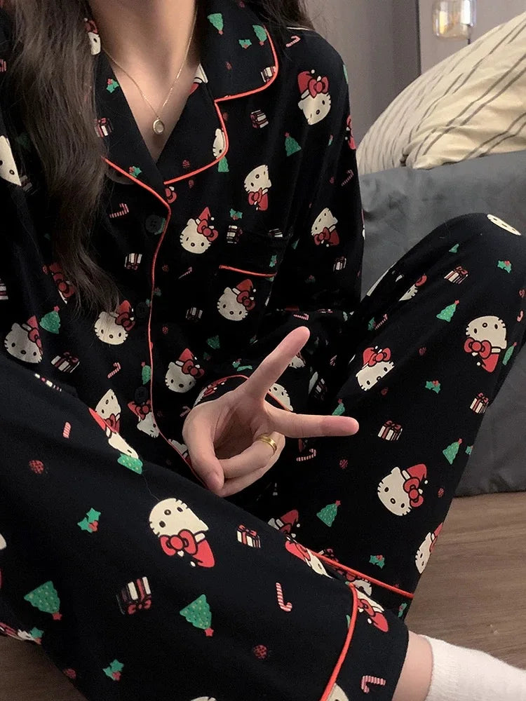 2Pcs/Set Christmas Hello Kitty Pajama Set Anime Cute Woman's Home Wear Cartoon Casual Pajamas Couple Sleep Clothing Loungewear