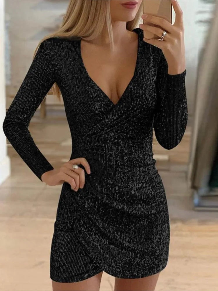 Sexy Deep V-Neck Silver Sequin Mini Bodycon Dress Spring Autumn Long Sleeve Party Dress Female