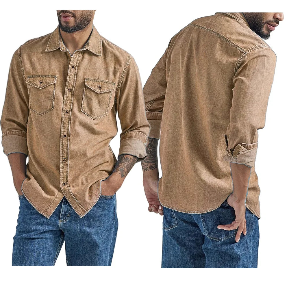 Men's Casual Denim Shirts Long Sleeve Button Vintage Blue Washed Cowboy Shirts Slim Fit Outdoor Workwear Tops for Men