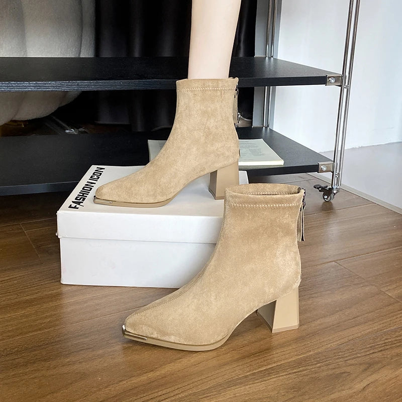Autumn Winter Suede Women Ankle Boots Sexy Thick High Heels Pointed Toe Shoes Modern Short Botas Para Mujer