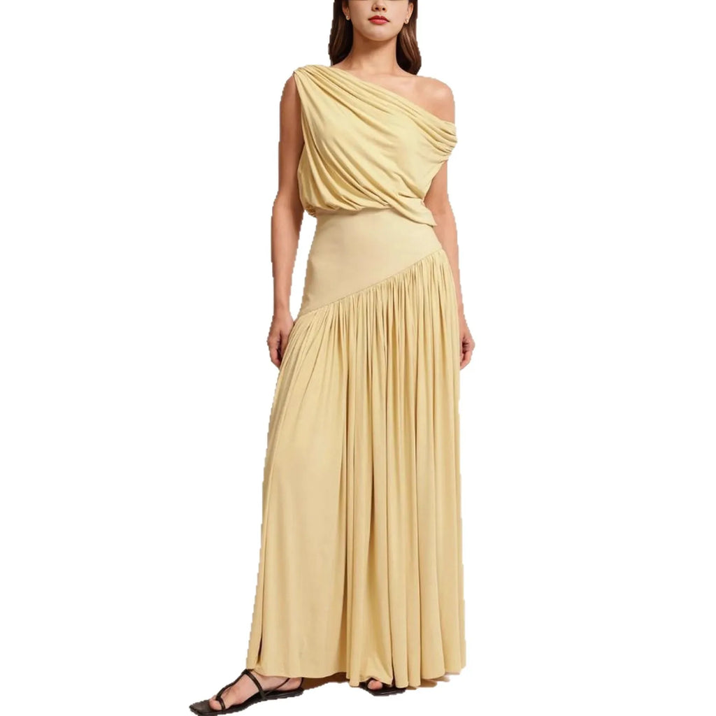 Female Clothing Women's Dress 2025 New Elegant Slant Neck Off-Shoulder Waist Long Solid Color Dresses Elegant Party Dresses 2025