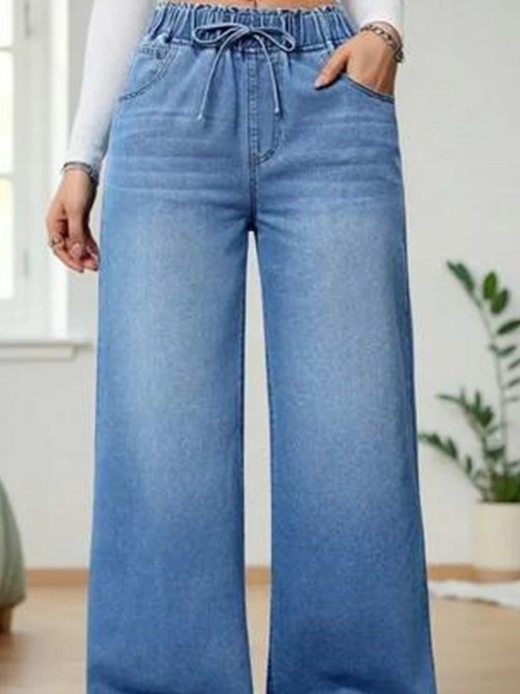 Elastic Waist Wide Leg Floor-Length Pants European American Trend Loose Casual High Waist Women Denim Jeans