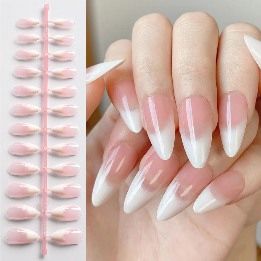 120Pcs Soft Pink White Gradient Press on Nails French Almond Glossy Fake Nails for Women Full Cover Daily Wear False Nail Tips