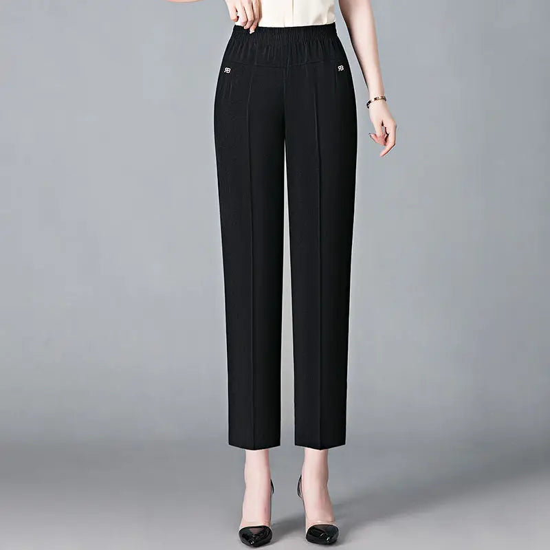 Office Lady Vintage Loose Straight Pants Spring Summer Thin Women Streetwear Fashion Casual Elastic High Waist Cropped Trousers