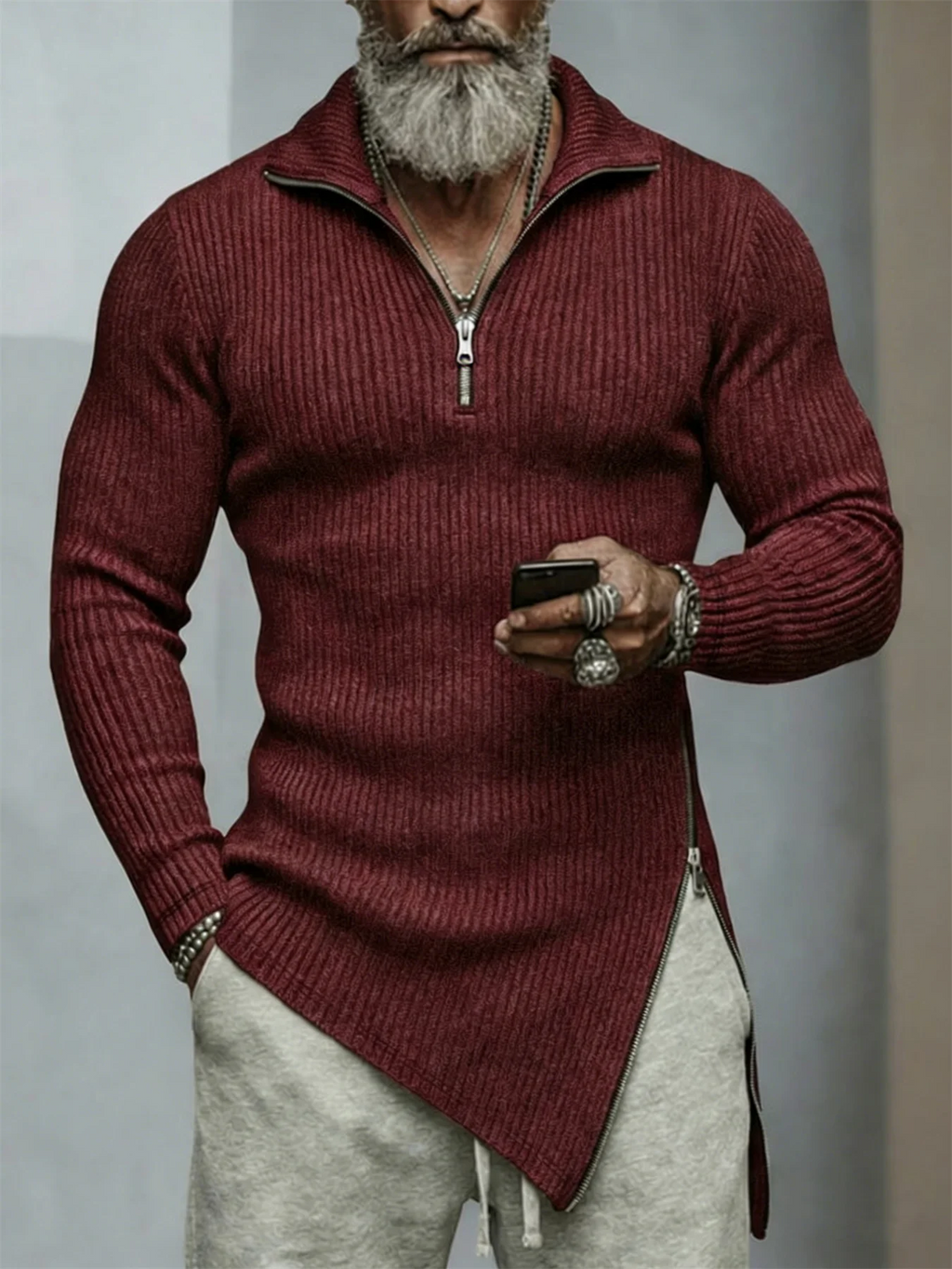 Autumn, men's quarter-zip T-shirt, slim-fit sweater, stand-collar sweater, casual long-sleeve T-shirt, warm base layer top