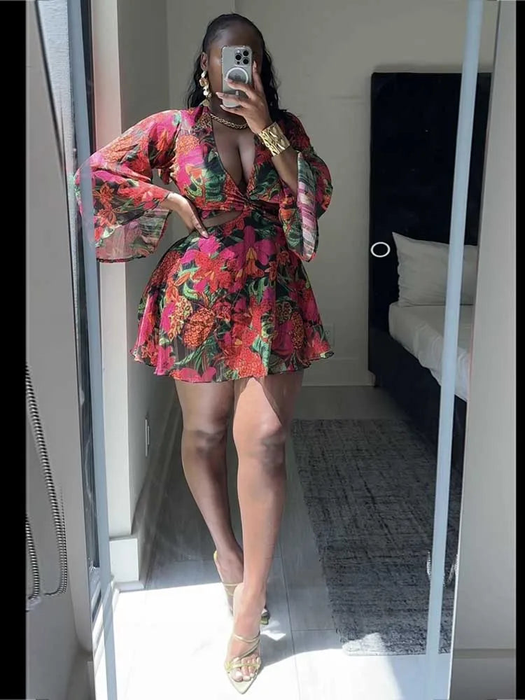 Women Sexy Outfits Skirt Sets with Top Lace-up Flare Sleeves Nightclub Wear with Flower Print Two Piece Sets Skirt and Crop Top