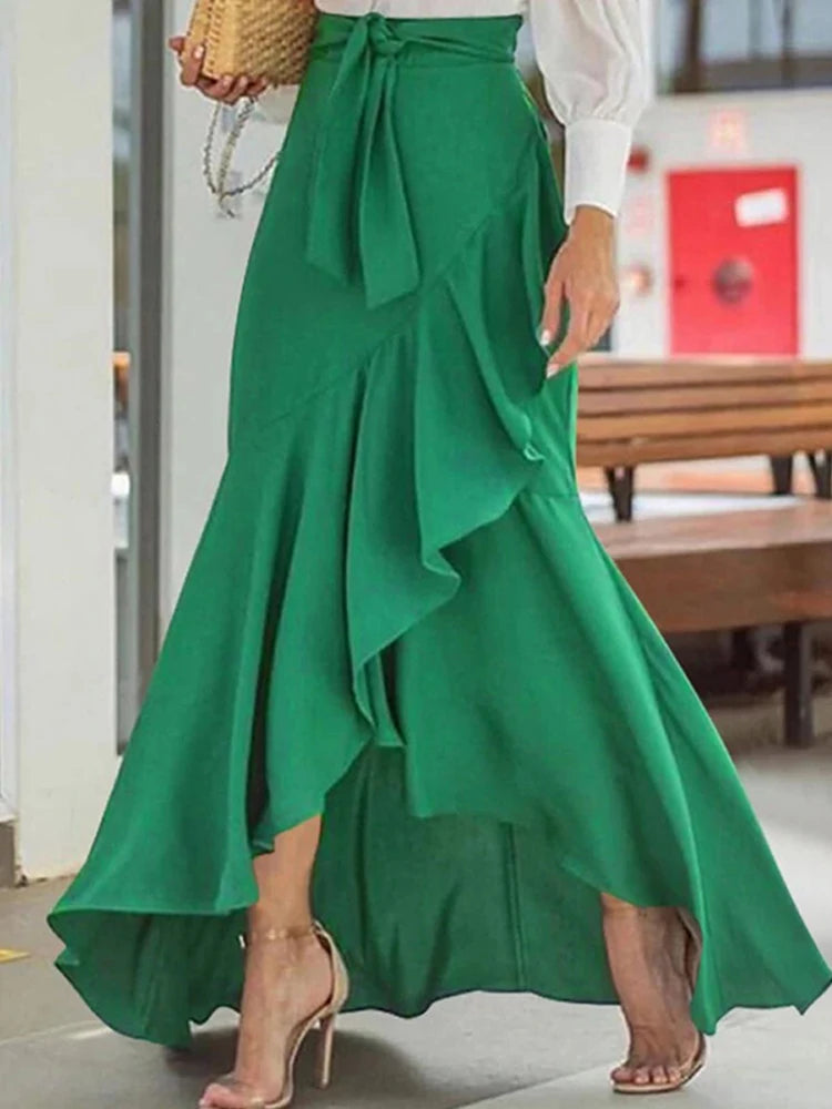 Irregular Clipping Bandage Falbala Solid Color Split-Side Long Skirts Skirts Bottoms