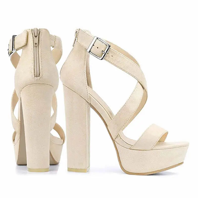 Women Sandals Open Toe Thick High Heels Chunky Cross Strap Buckle Platform Pumps Dress Party Wedding Shoes