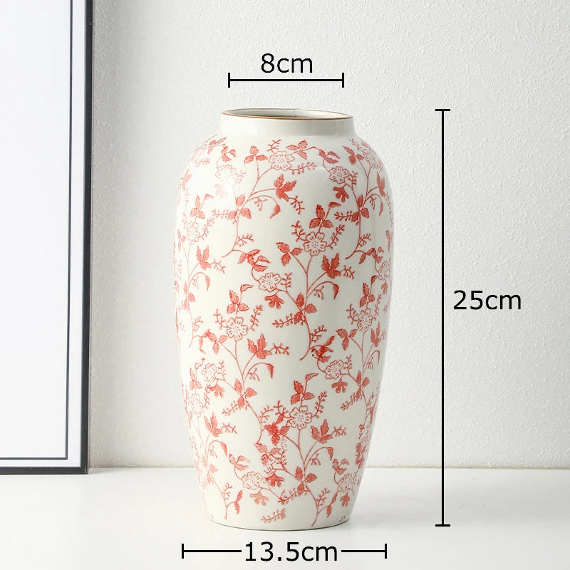 Red and White Porcelain Vase Elegant Classical Flowers Pot