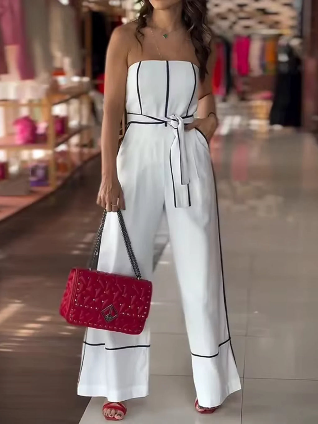 Spring/Summer New Elegant Sexy Contrast Color Trim Halter One-Shoulder Wide Leg Pants Dress for Party Vacation
