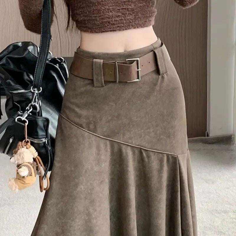 Women Clothing Autumn Korean Fashion Vintage High Waist Asymmetrical Skirts Female Elegant Chic Tie Dye Slim Long Skirt Faldas