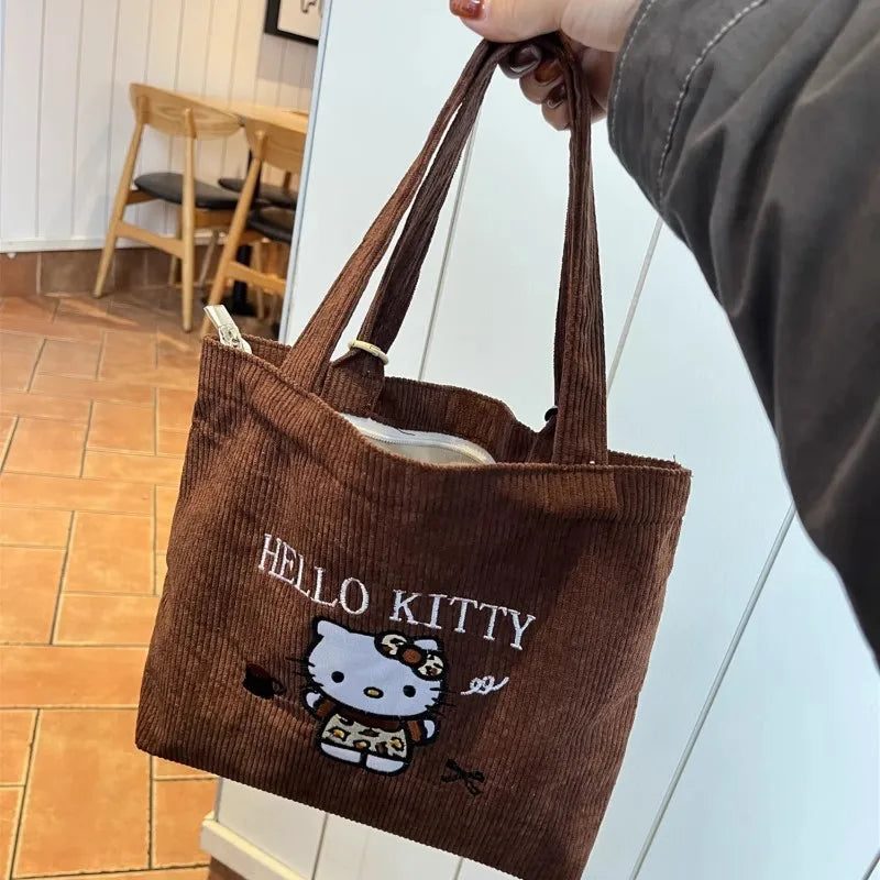 New Hello Kitty Handbag Cute Embroidered Large-Capacity Cartoon Handbag Corduroy Small Bag Students School Single Shoulder Bag