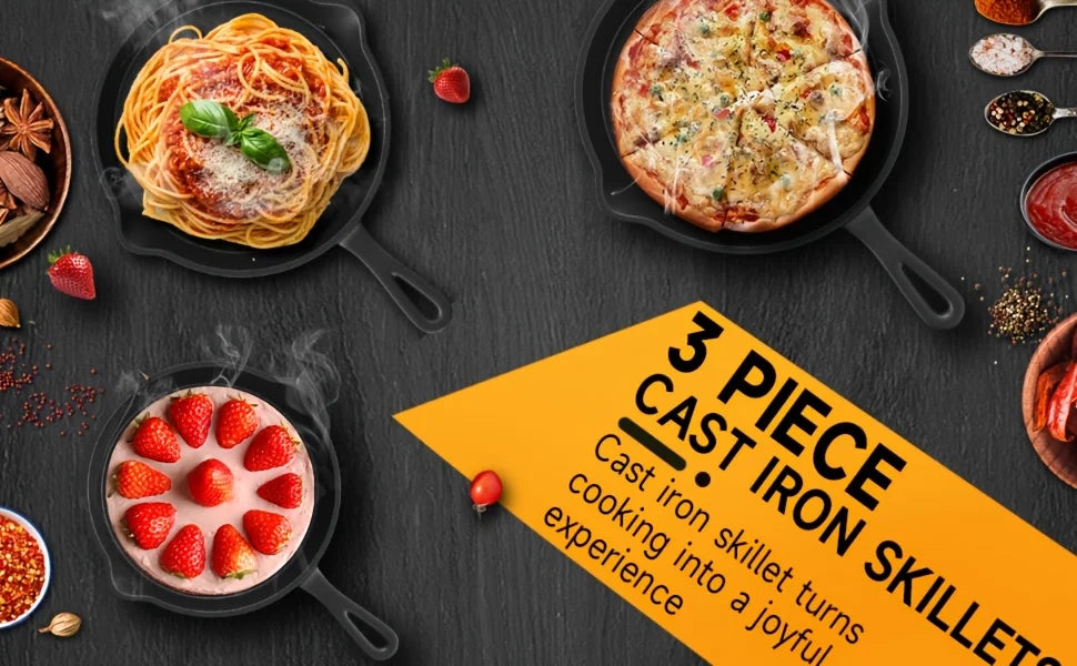 3-Piece Cast Iron Skillet Set (6/8/10 Inch) - Pre-Seasoned, Non-Stick, Heavy-Duty Pans for Oven, Grill & Campfire Cooking