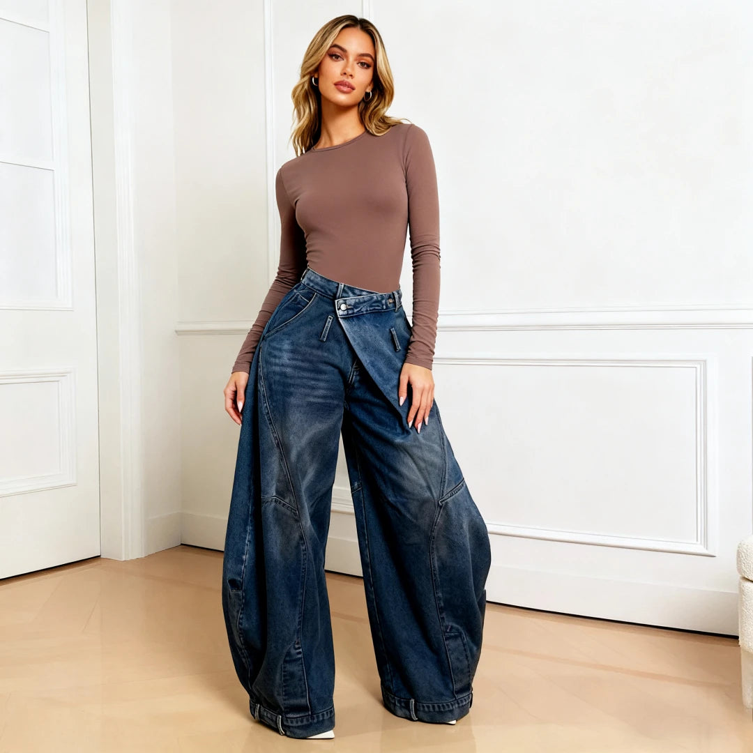 Wide Leg Pants Women Vintage Denim Jeans Punk Style Loose Trousers Stretch Mid Waist Washed Distressed 2026 Mom Streetwear