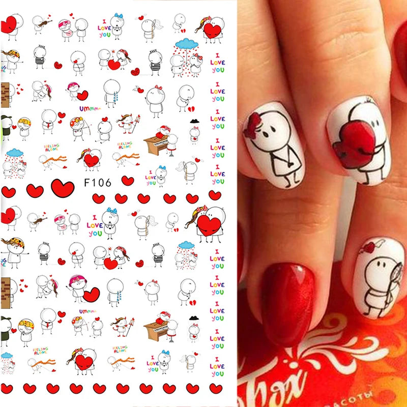1PCS Valentine's Day Nail Stickers Cartoon Love Nail Supplies Nail Decals for Ladies Nail Art Decoration
