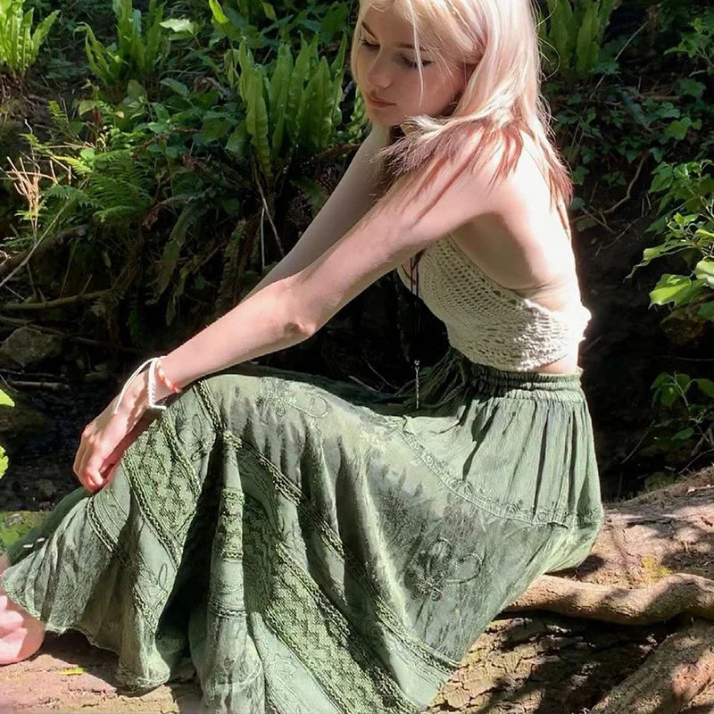 Women's Sexy Skirt 90s Vintage Boho Midi Skirts Fairycore Grunge Kawaii High Waist Long Pleated Dress Summer Streetwear Y2k