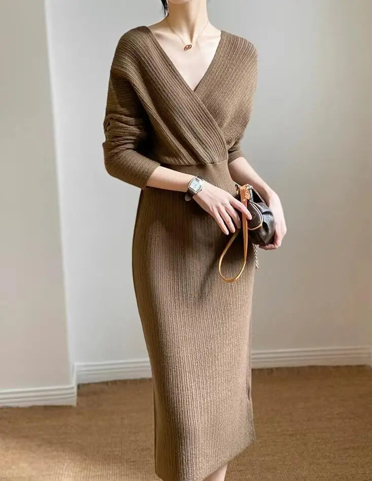 New Autumn/Winter Fashion Long Sleeve V-neck Knitted Solid Color Slim Fit Dress For Women,5 Colors