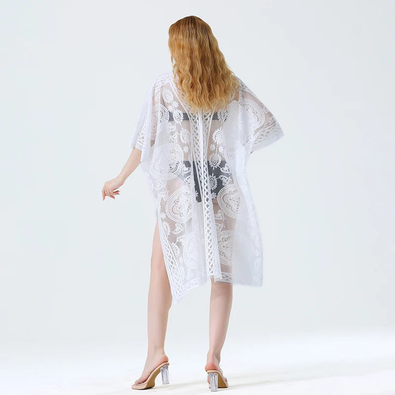 Swim Cover Up Lace White Beach Dress Sexy Long Cover up Woman Swimwear Bikini Tunic Long Pareos Robe Beachwear Outfit