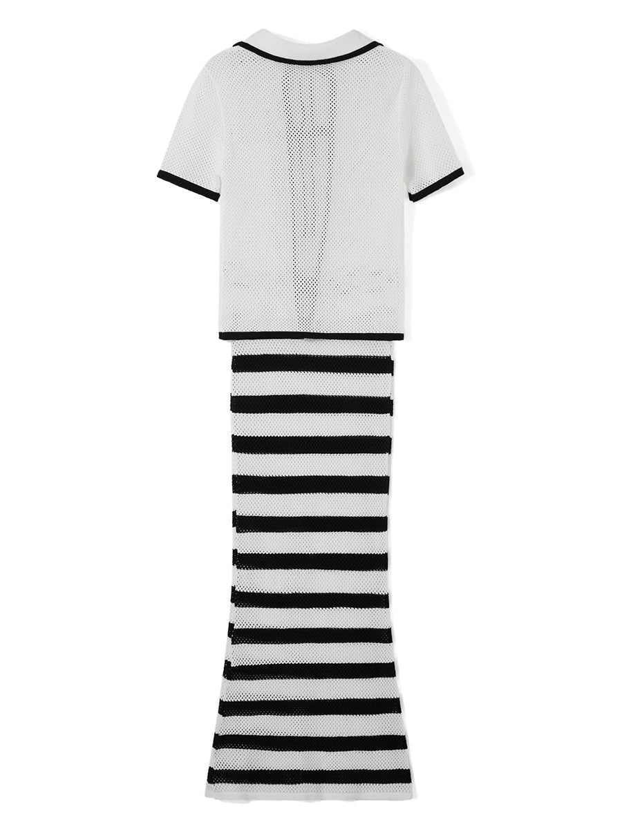 Women Crochet Cover Up Skirts Elastic High Waist Striped Contrast Color Knit Long Skirts Beachwear