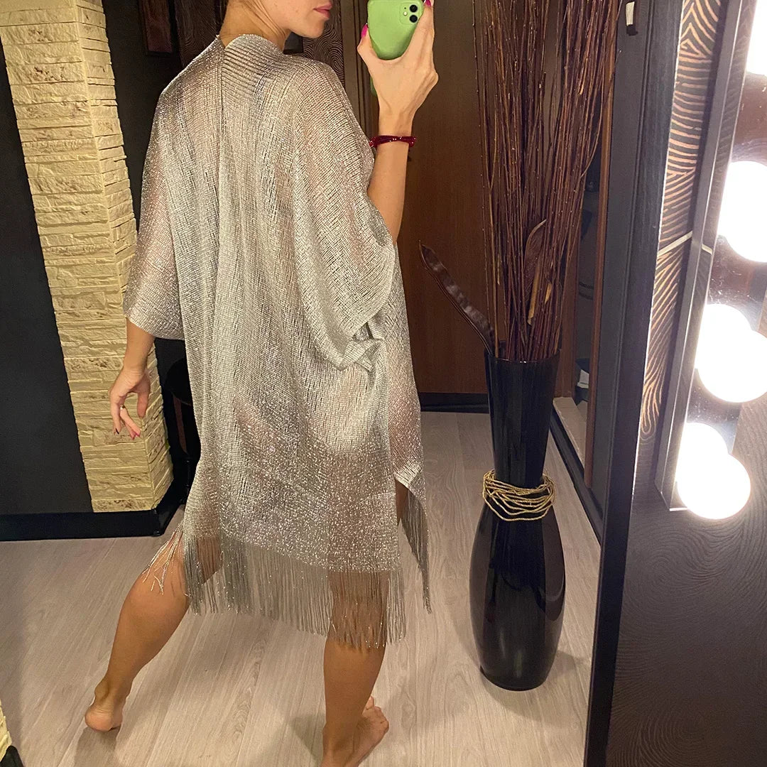 Solid Bikini Cover Up Tassel Beach Dress Tunics Swimsuit Bathing Suit Women Shining Cover Ups for Swimwear Women Pareo Plage