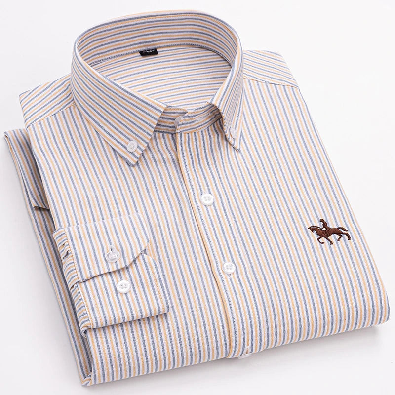 Basic Oxford Dress Shirt For Men Long Sleeve 100% Pure Cotton Solid  Casual Plaid Striped Social Business Male Regular-Fit S-6XL