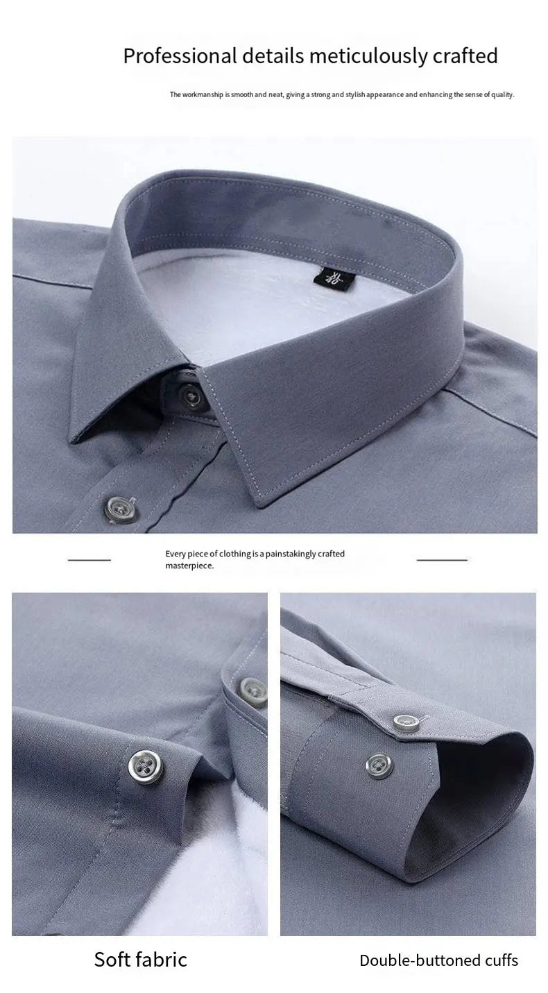 Winter and autumn men's long-sleeved warm-weather shirts for business and casual wear, non-stretchable men's clothing