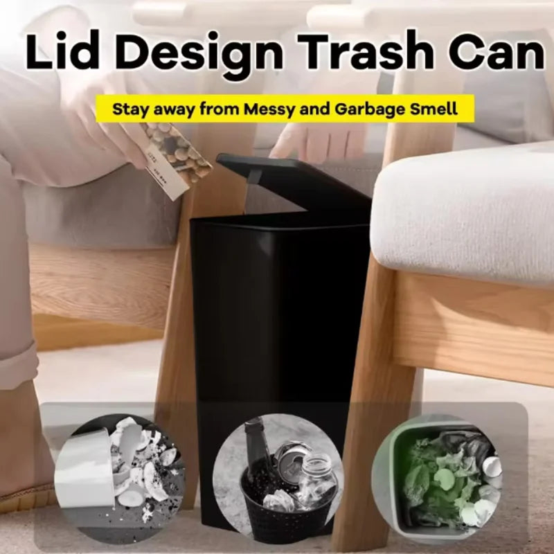 10L Small Black Bathroom Trash Can with Pop Up Lid Compact Plastic Garbage Bin For Cleaning Kitchen Food And Meal Residue