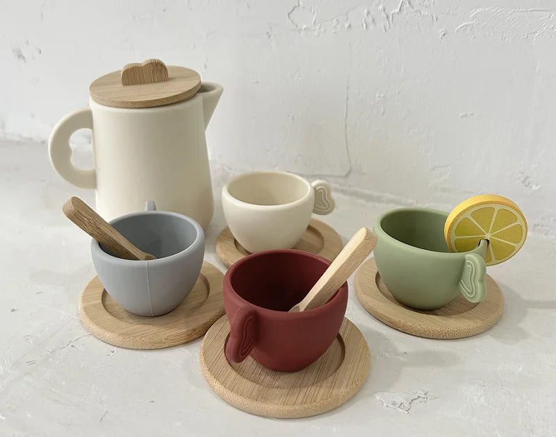 Wooden Montessori Toys Toddler Pretend Play Tea Party Set Silicone Teapot Cups Wood Tray Scoop Toys for Kids Birthday Gift