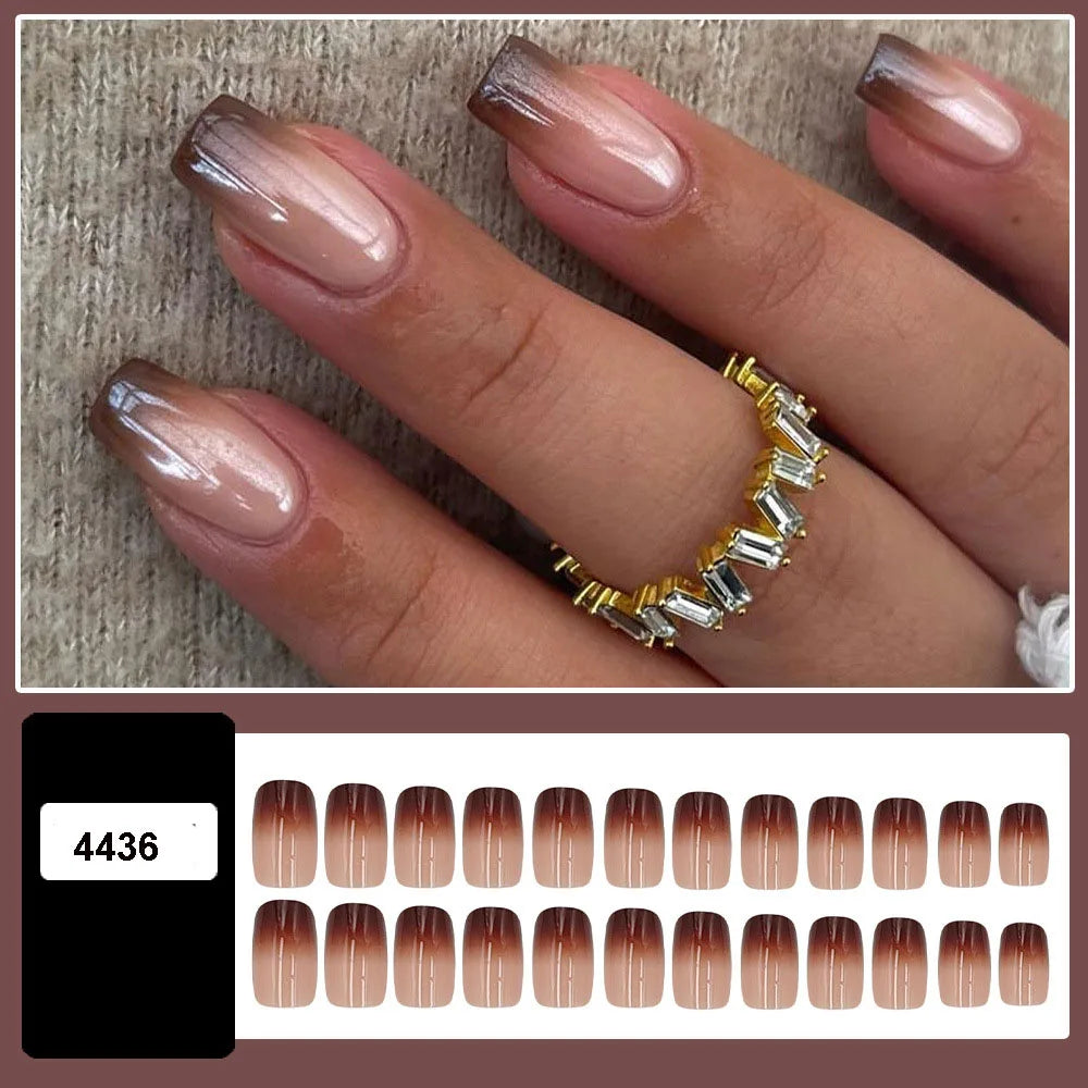 Medium fake nails for women girls gradient coffee color glossy Square almond nail tips full cover press on acrylic false nail