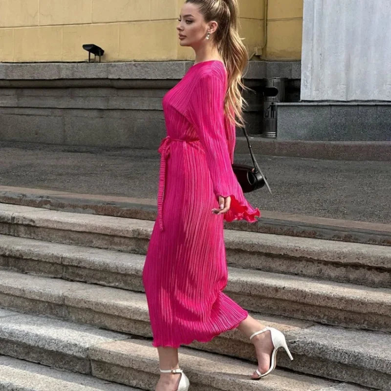 Autumn Winter Party Dress for Women 2025 Y2K INS Elegant Fashion Long Sleeve O Neck Lace Up Folds Evening Graduation Long Dress