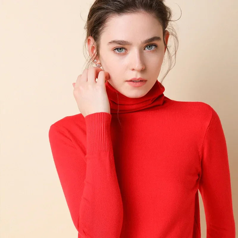 Turtleneck Women Sweater Warm Winter Solid Korean Stretch Slim Lady Jumpers Cashmere Black Sweater Pullover Femme Basic Knitwear