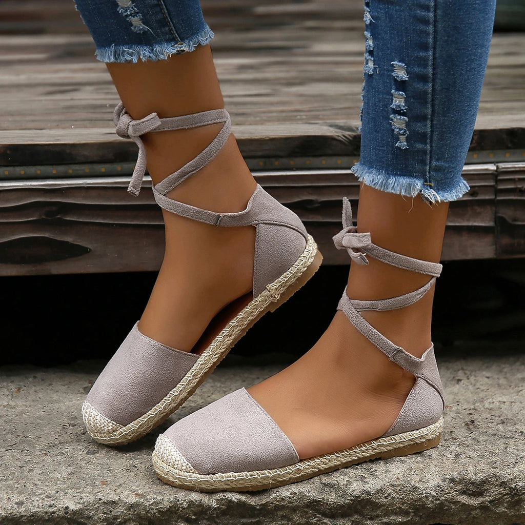 Women Sandals Summer Fashion Round Toe Solid Casual Shoes Flat Ankle Lace Up Rattan Straw Sole Roman Sandals Designer Sandals