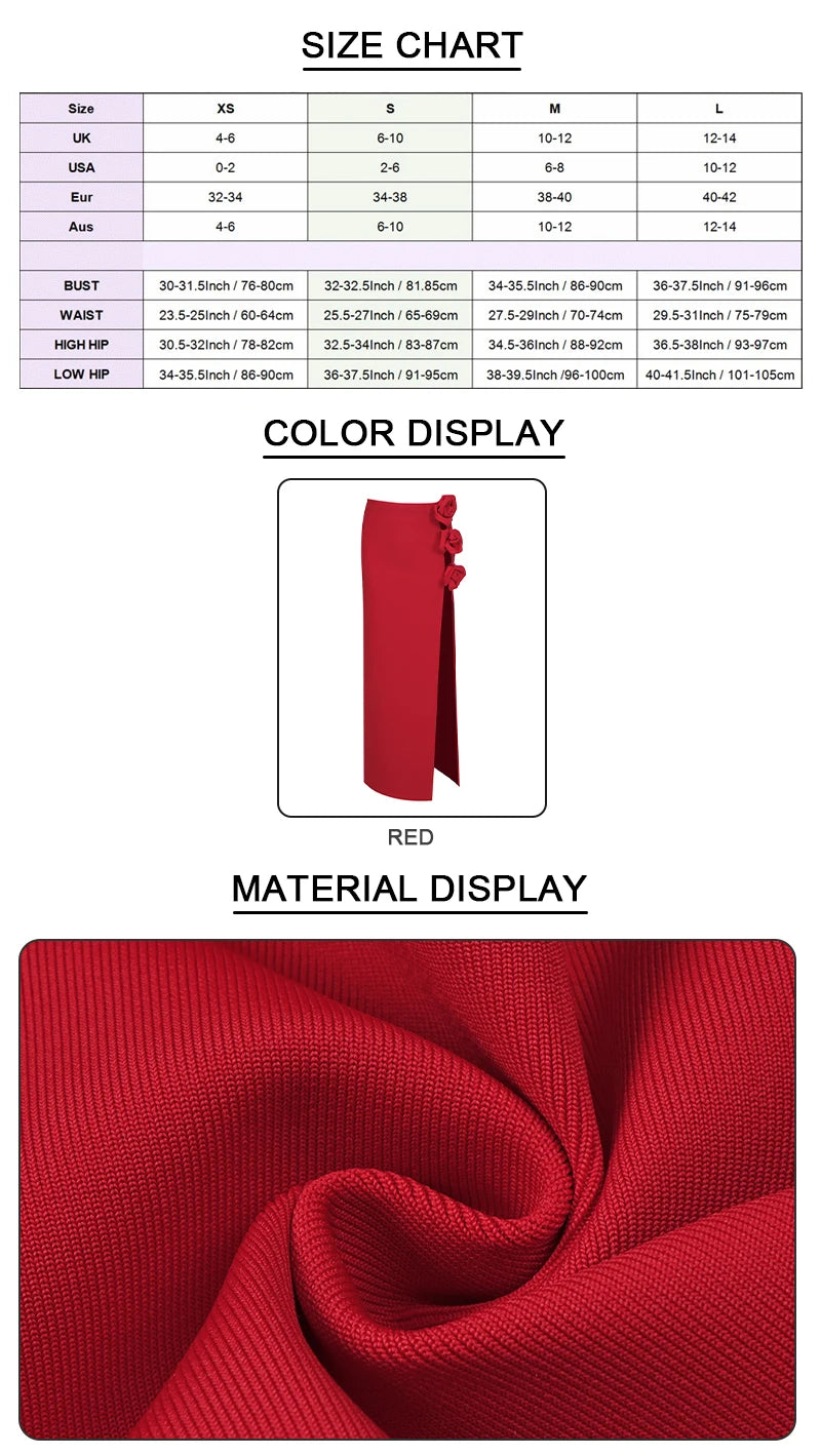VC Skirts For Women Christmas Party Wear Pretty 3D Flowers Decoration Red Bandage High Split Sexy Long Skirt