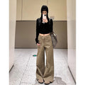 Petite Women's Melange Wide Leg Casual Pants 25 Fall Winter Slim High Waist Retro Floor Length