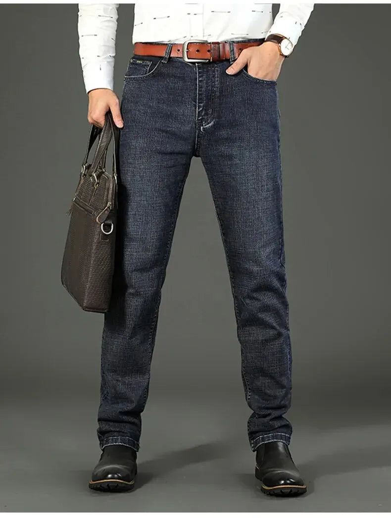 Wthinlee New Business Men's Jeans fleece Casual Straight Stretch Fashion Classic Blue Black Work Denim Trousers Male  Clothing