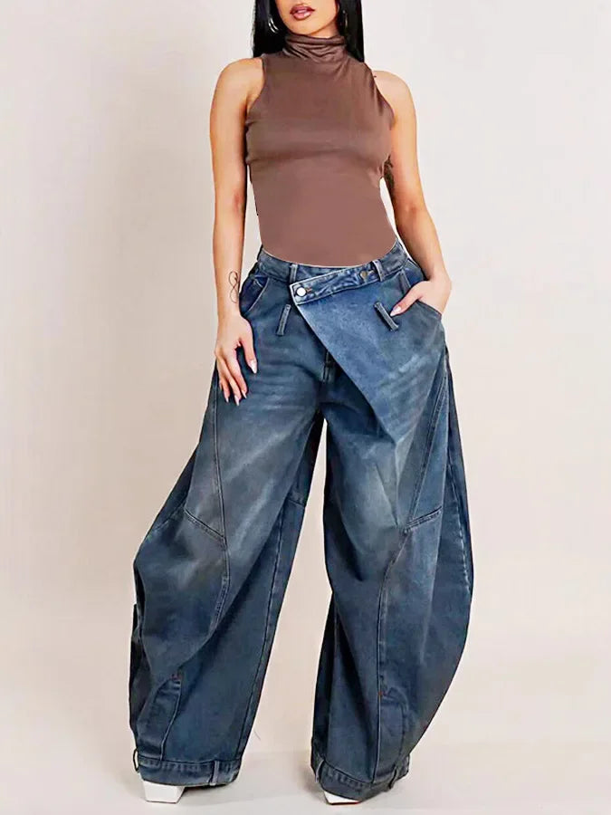Wide Leg Pants Women Vintage Denim Jeans Punk Style Loose Trousers Stretch Mid Waist Washed Distressed 2026 Mom Streetwear