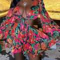Women Sexy Outfits Skirt Sets with Top Lace-up Flare Sleeves Nightclub Wear with Flower Print Two Piece Sets Skirt and Crop Top