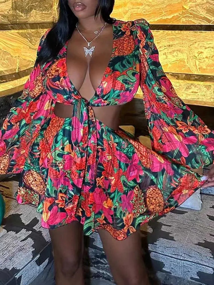Women Sexy Outfits Skirt Sets with Top Lace-up Flare Sleeves Nightclub Wear with Flower Print Two Piece Sets Skirt and Crop Top