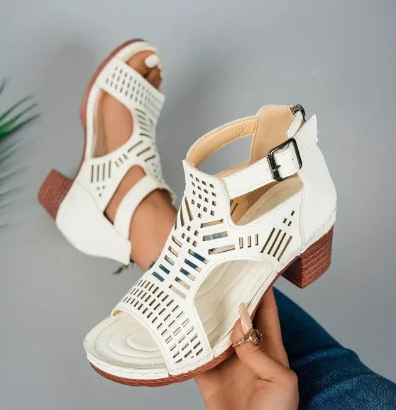 Thick Heeled Sandals Summer Breathable Hollow Out Sandals for Women Retro High Heels Roman Sandalias