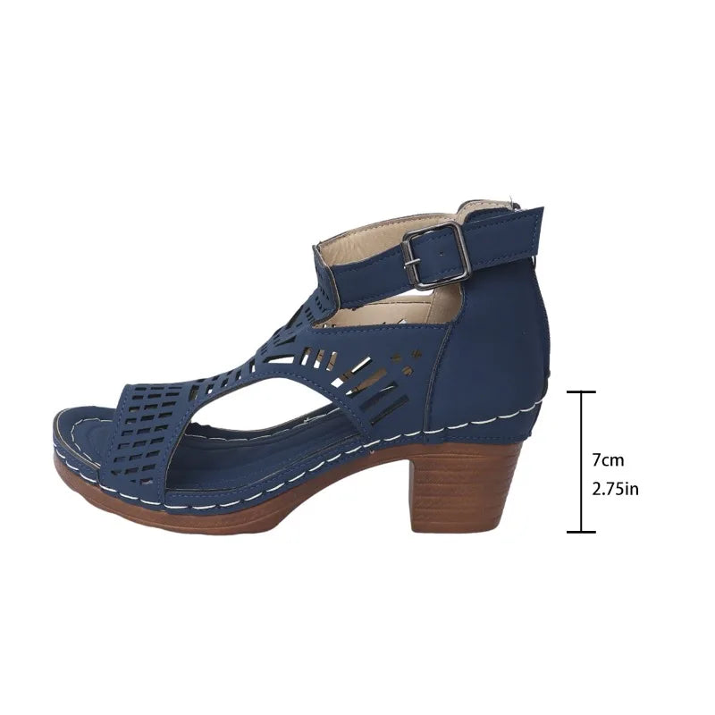 Thick Heeled Sandals Summer Breathable Hollow Out Sandals for Women Retro High Heels Roman Sandalias