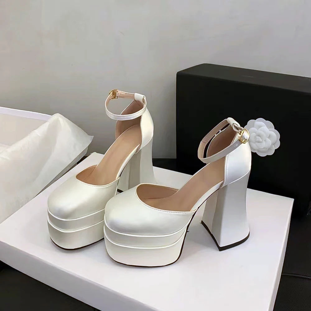 Women'S High Chunky Platform Closed Toe Block Heels Square Toe Ankle Strap Dress Wedding Party Prom Pumps Shoes