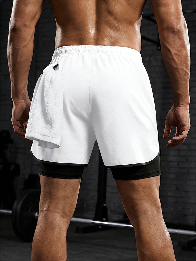 Men's 2 in 1 Running Workout Short with Phone Pocket Towel Loop Gym Athletic Quick Dry Stretchy Performance Shorts Activewear
